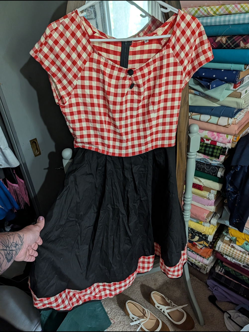 Red and White Gingham Top with Black Full Skirt Dress